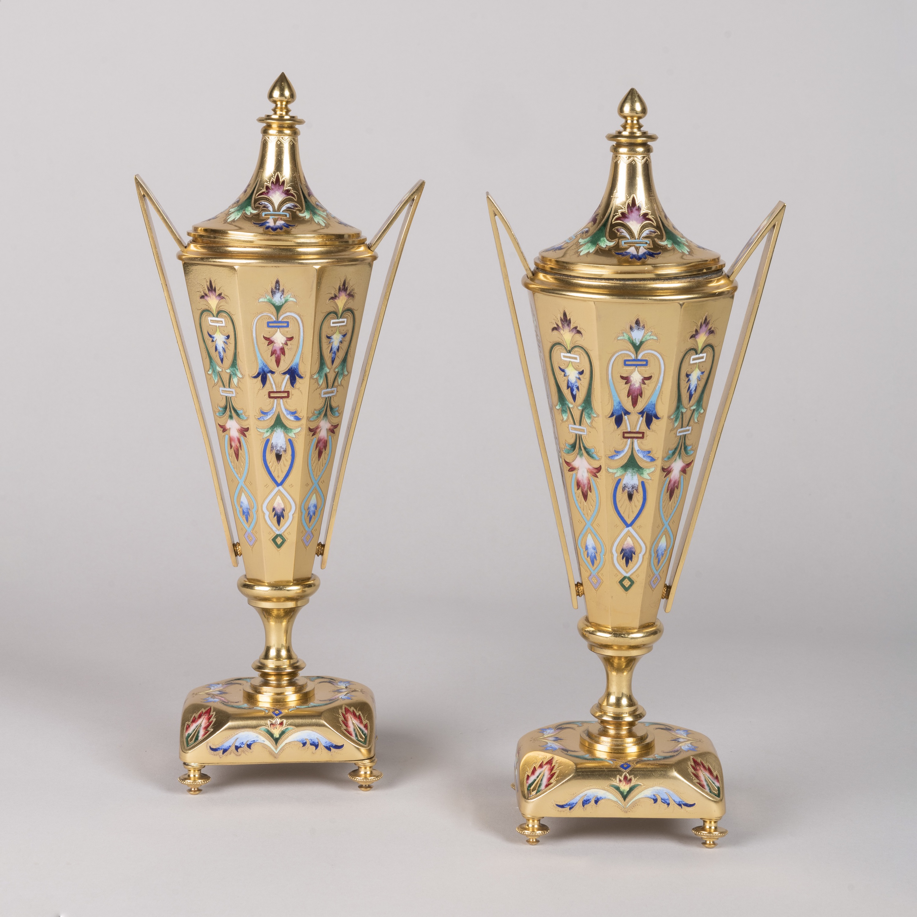 A Pair of Champlevé Enamel Gilt Vases