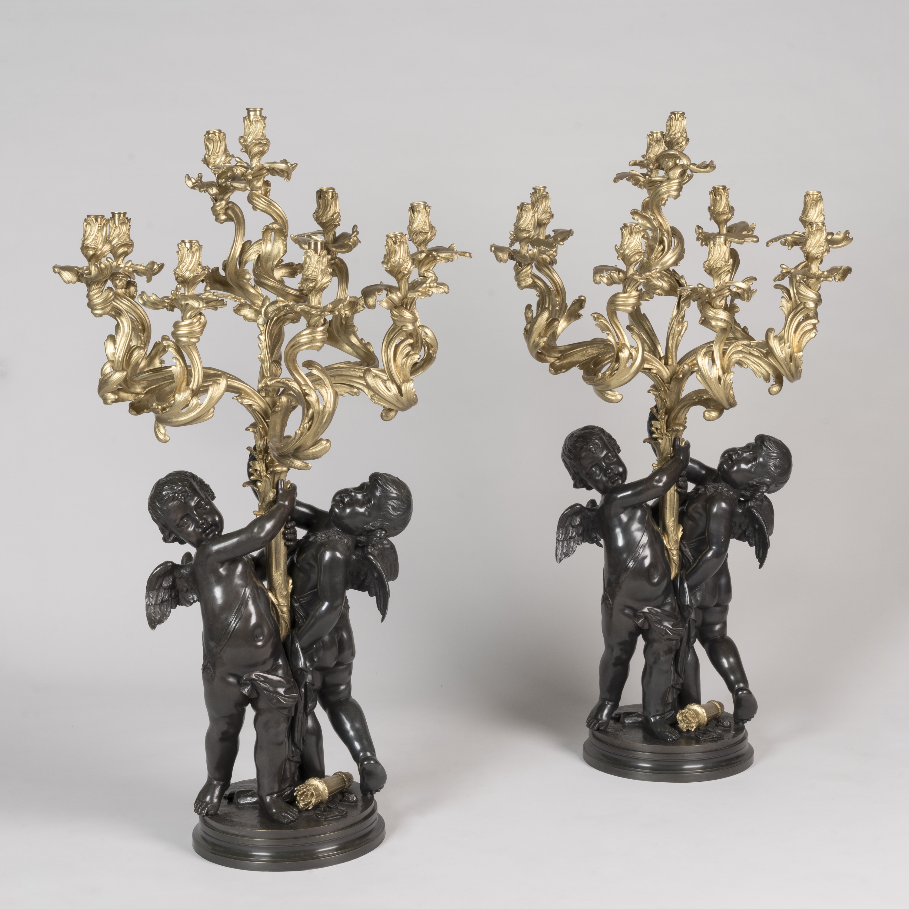 A Pair of Gilt & Patinated Bronze 9-Light Candelabra In the Louis XV Style