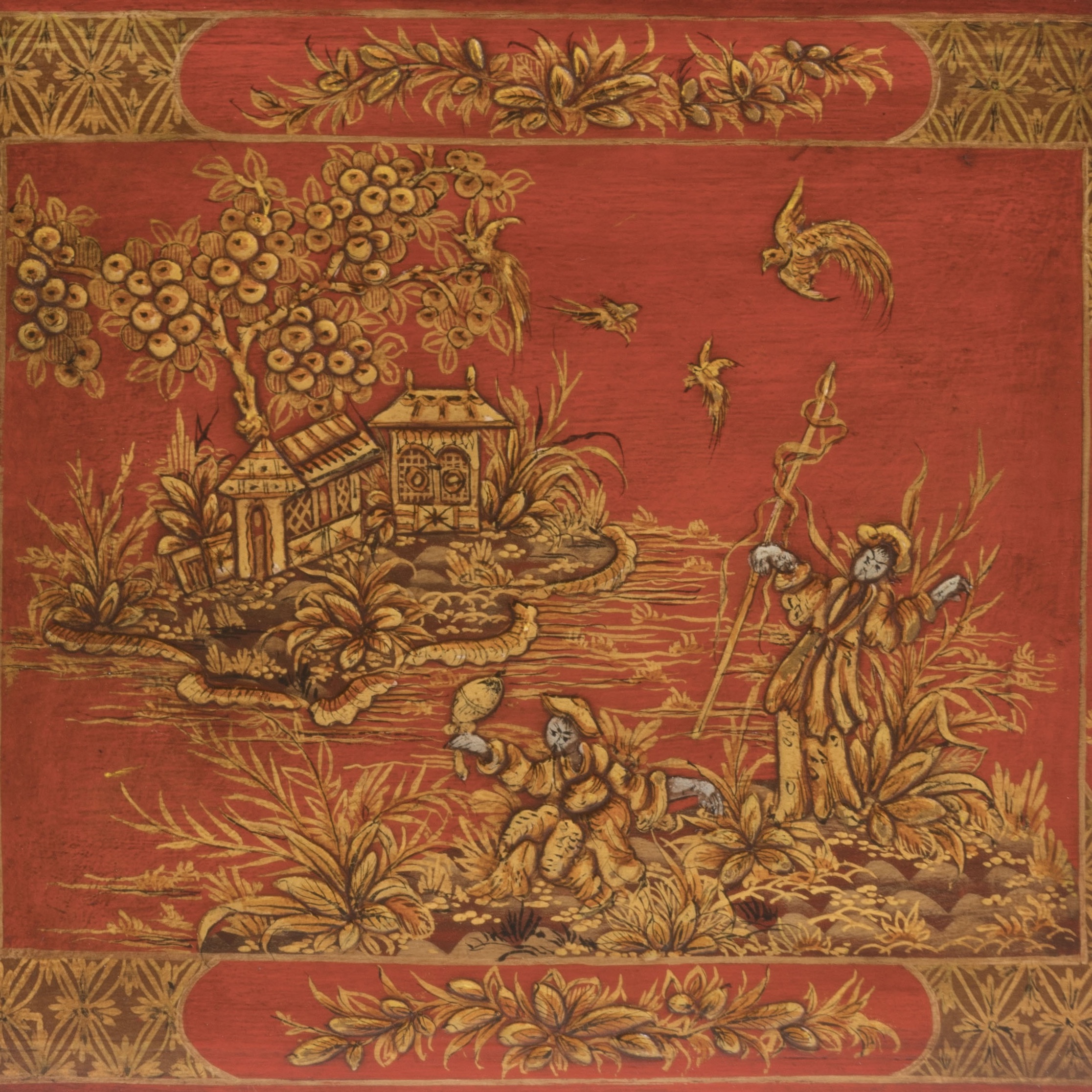 A Pair of Red Lacquered & Gilt Brass Étagère Tables