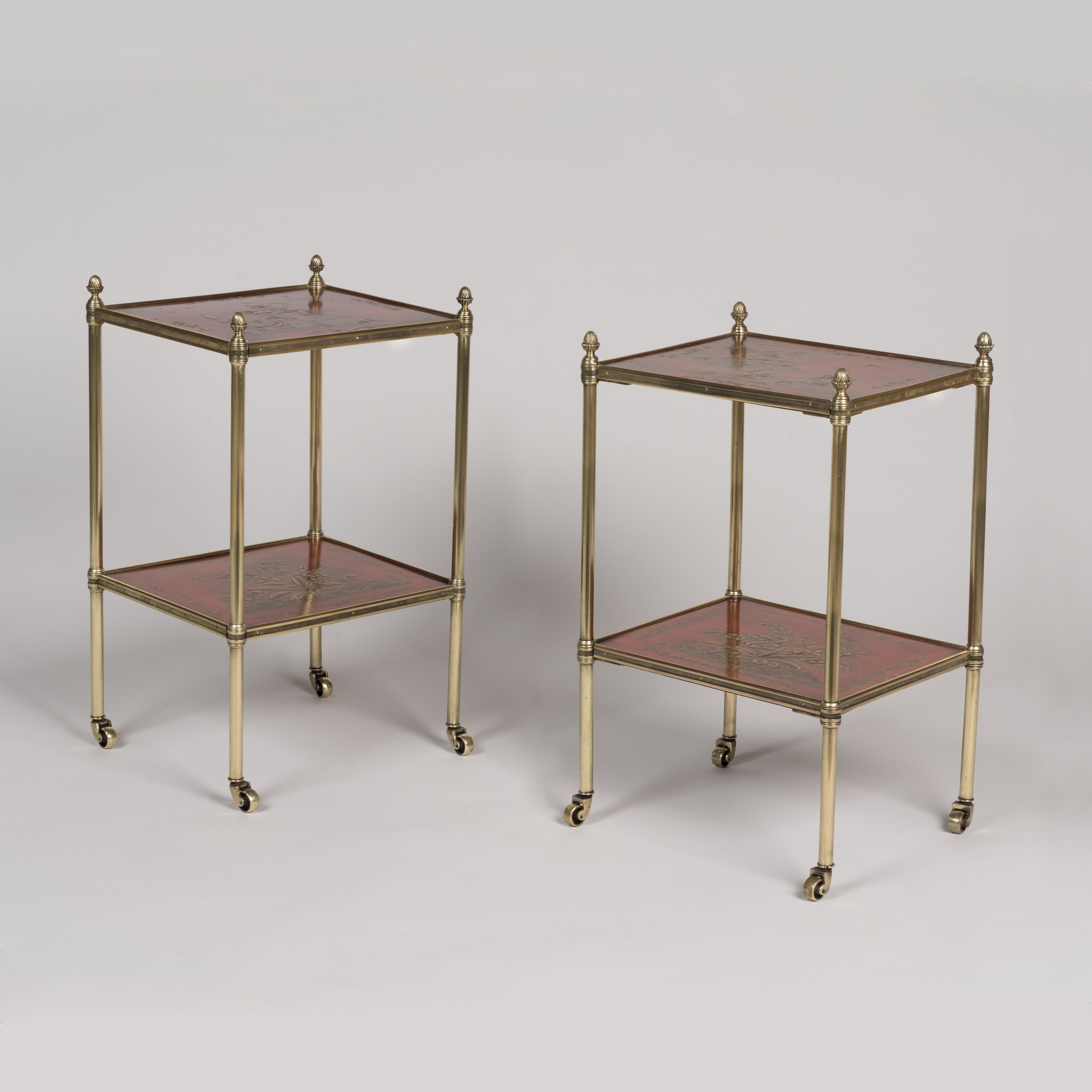 A Pair of Red Lacquered & Gilt Brass Étagère Tables