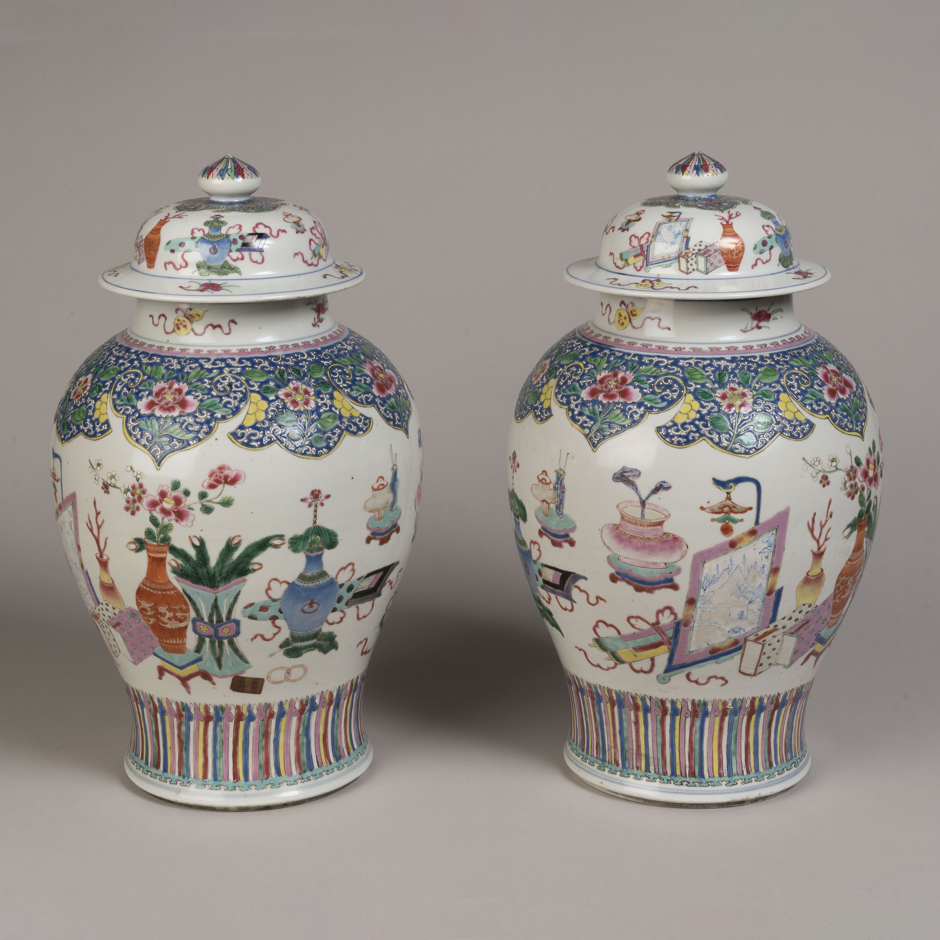 A Pair of Chinese Export 'Famille Rose' Porcelain Ginger Jars