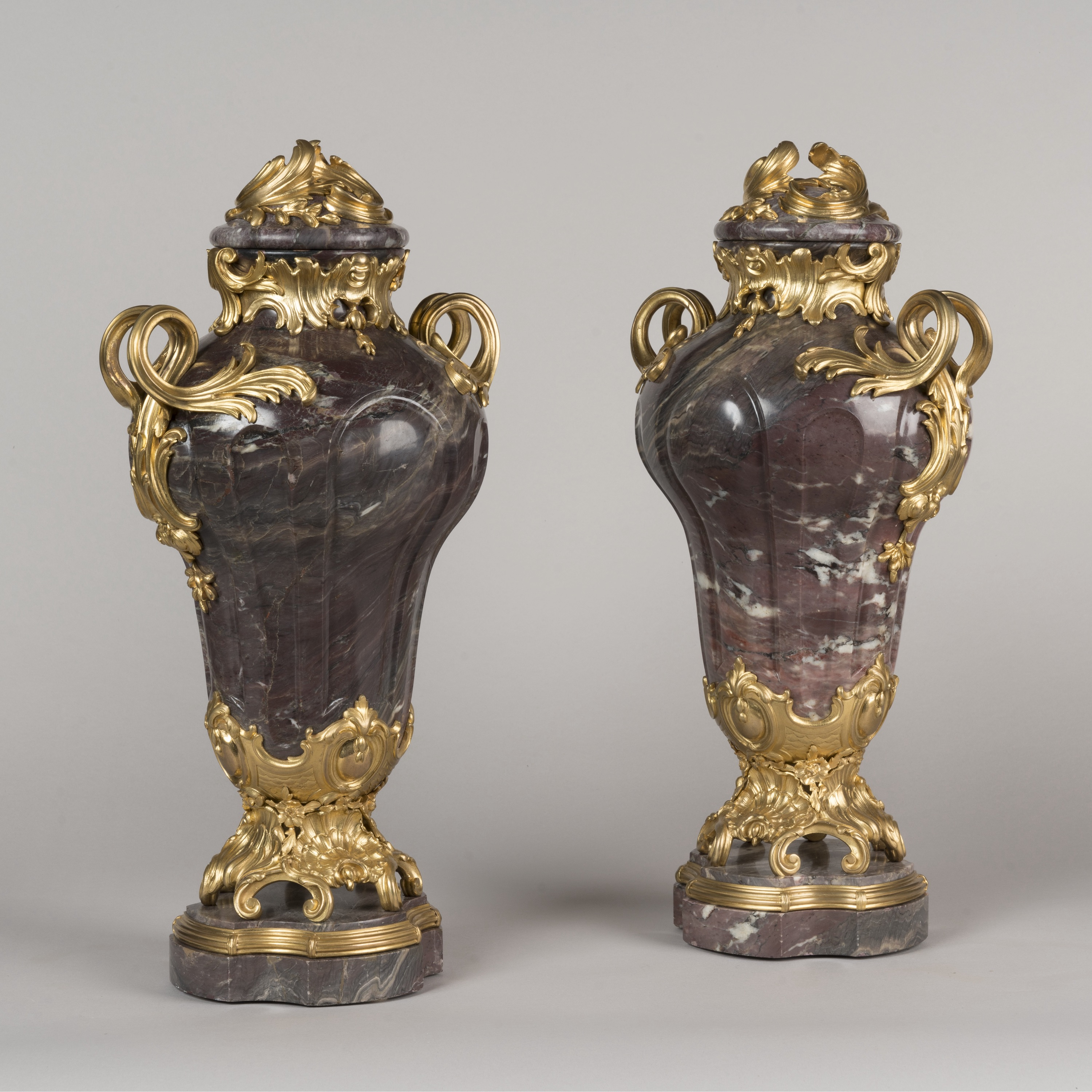 A Large Pair of Fleur-de-Pêcher Marble Vases In the Louis XV Style