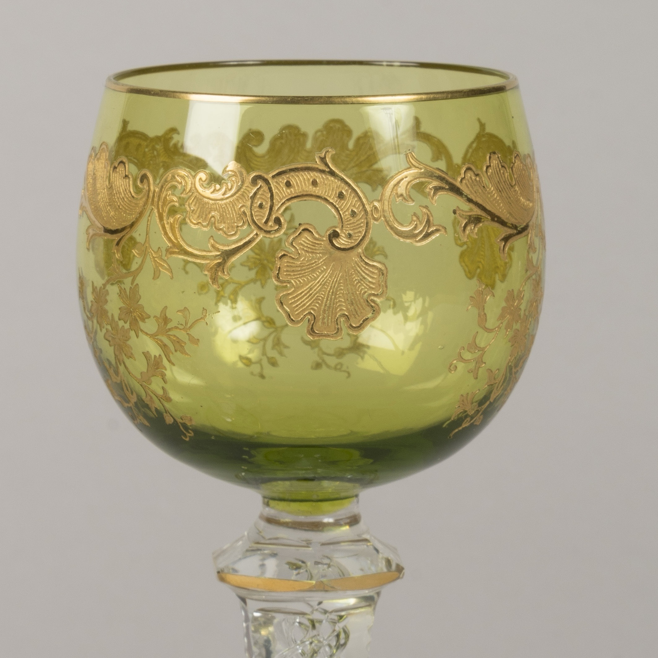 A Set of Twelve Green & Gilt Overlay Crystal Glasses Attributed to Cristallerie Saint-Louis