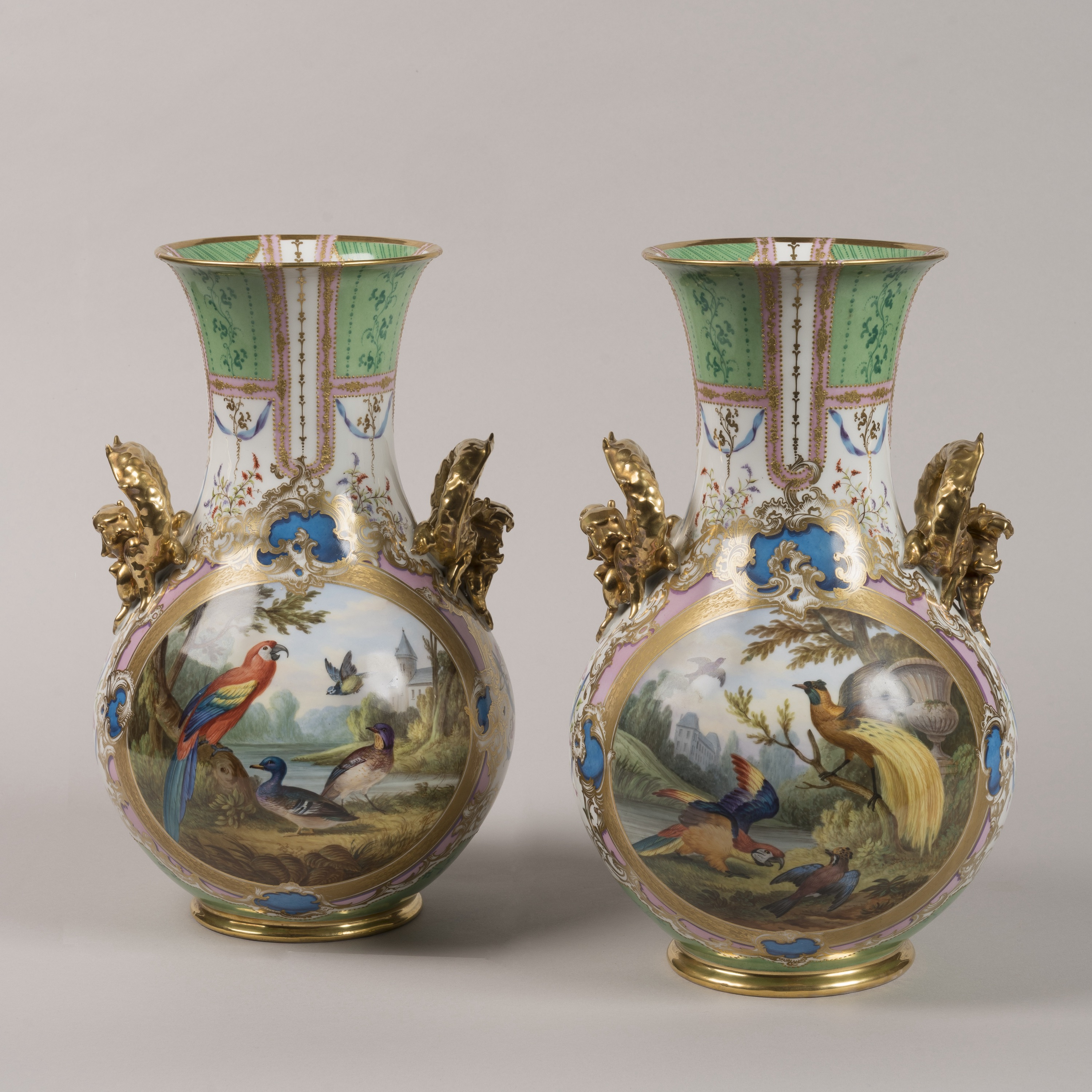 A Pair of Large Painted & Parcel Gilt Porcelain Vases Attributed to Jacob Petit