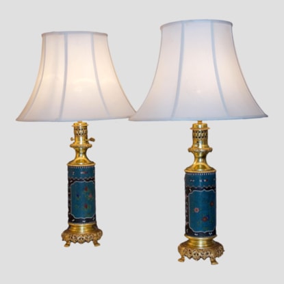 Pair of Cylindrical Lamps in Cloisonne Enamel