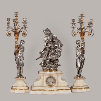 An Impressive Silvered Bronze Clock Set Depicting Hebe & Jupiter's Eagle