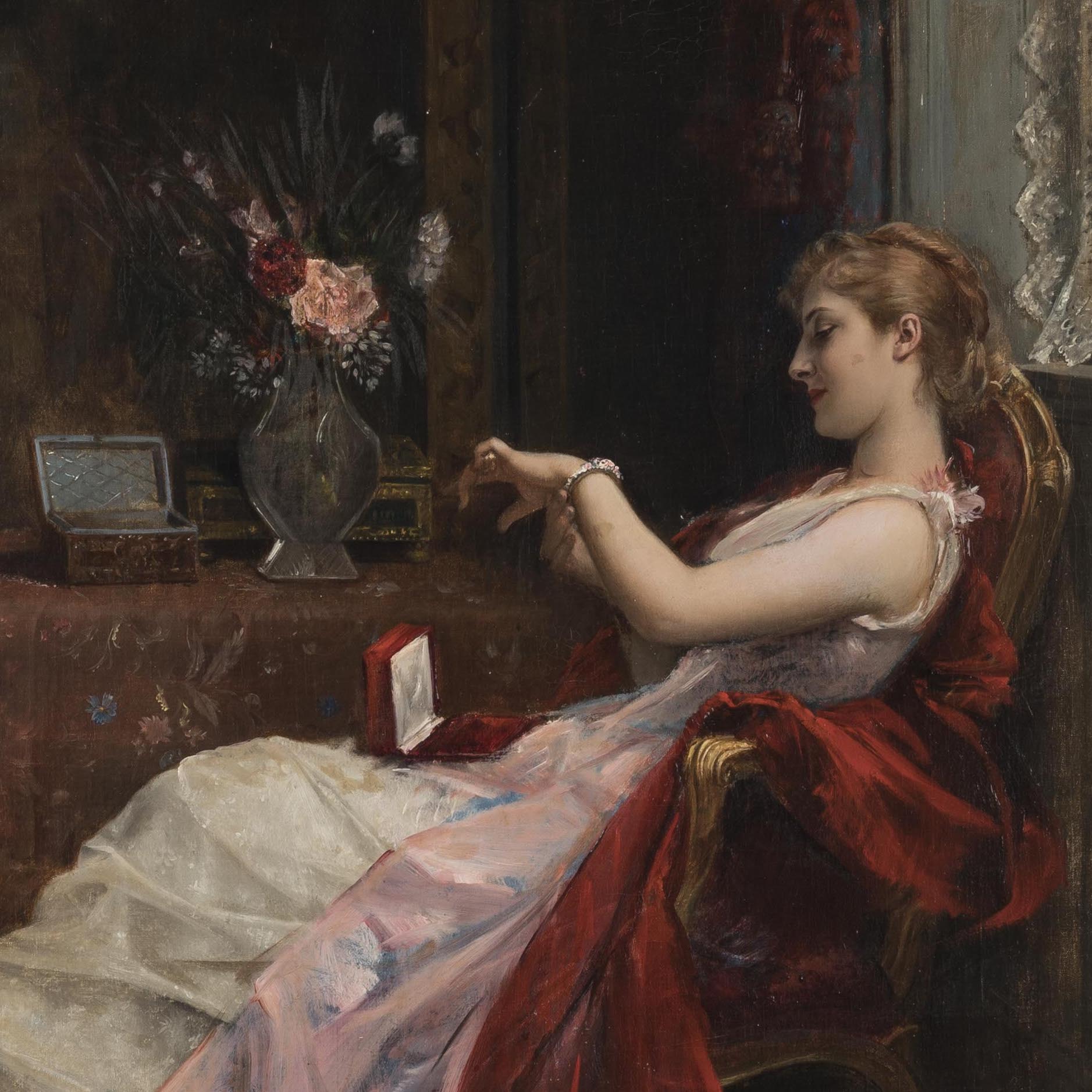 An Elegant Lady Admiring her Present By Auguste Toulmouche
