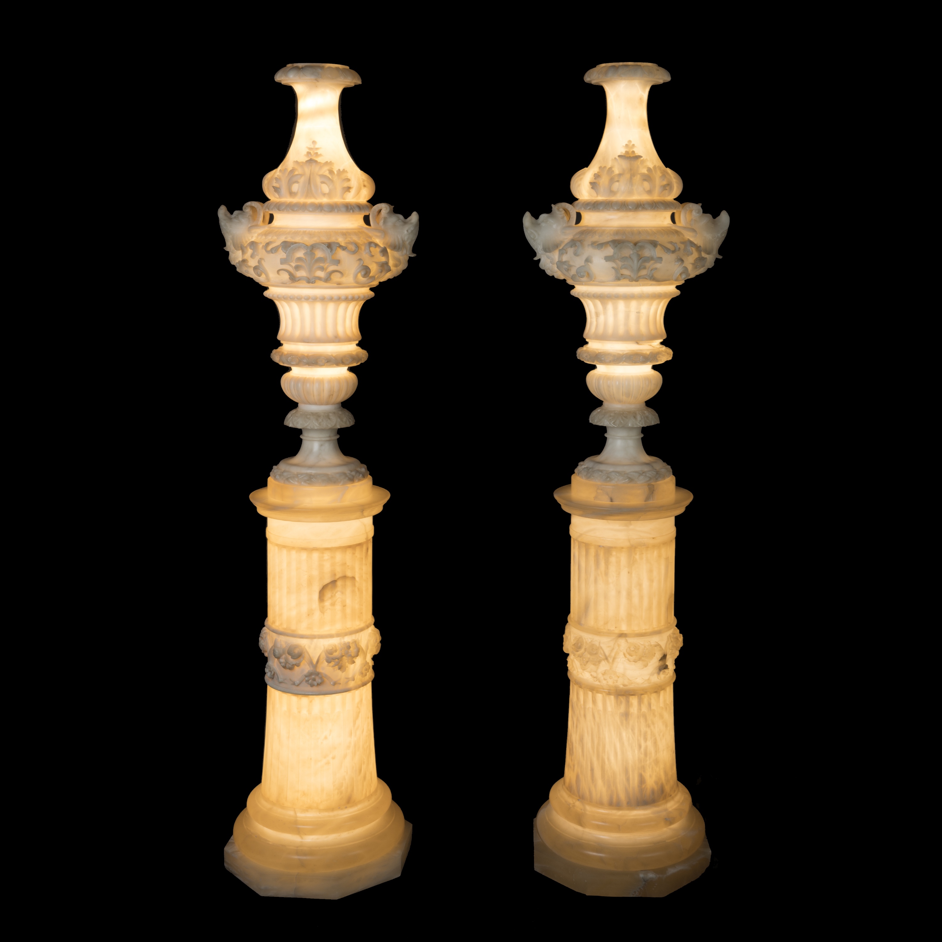 A Pair of Italian Carved Alabaster Ornamental Vases on Pedestals