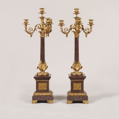Pair of Louis XVI Style Porphyry and Ormolu Candelabra
