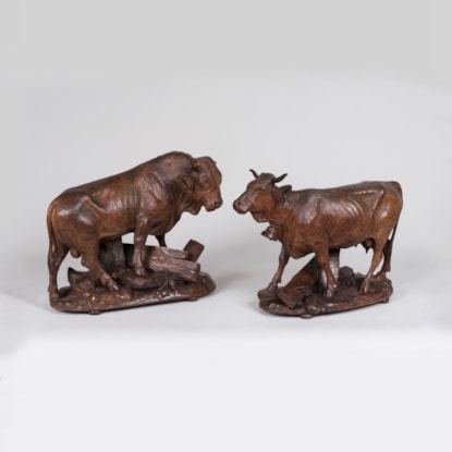 A Pair of Carved Black Forest Cattle By Johann Grossmann