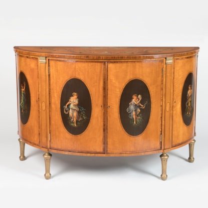 A Painted Satinwood Demilune Commode In the George III Style