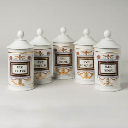 A Set of Five Paris Porcelain Apothecary Jars