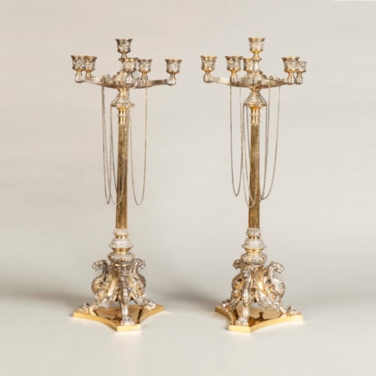 A Pair of Plated and Parcel Gilt Candelabra by Elkington and Co