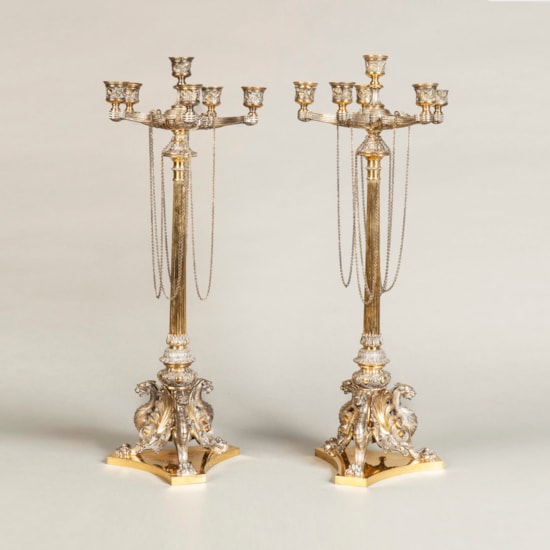 A Pair of Plated and Parcel Gilt Candelabra by Elkington and Co