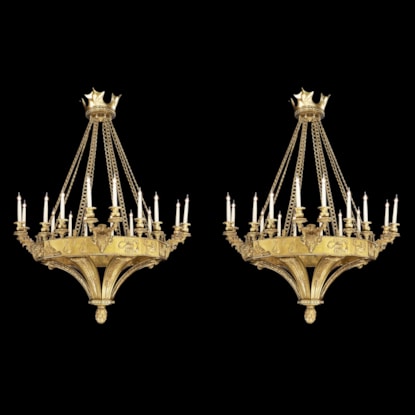 A Pair of Sixteen Light Ormolu Chandeliers in the Gothic Manner