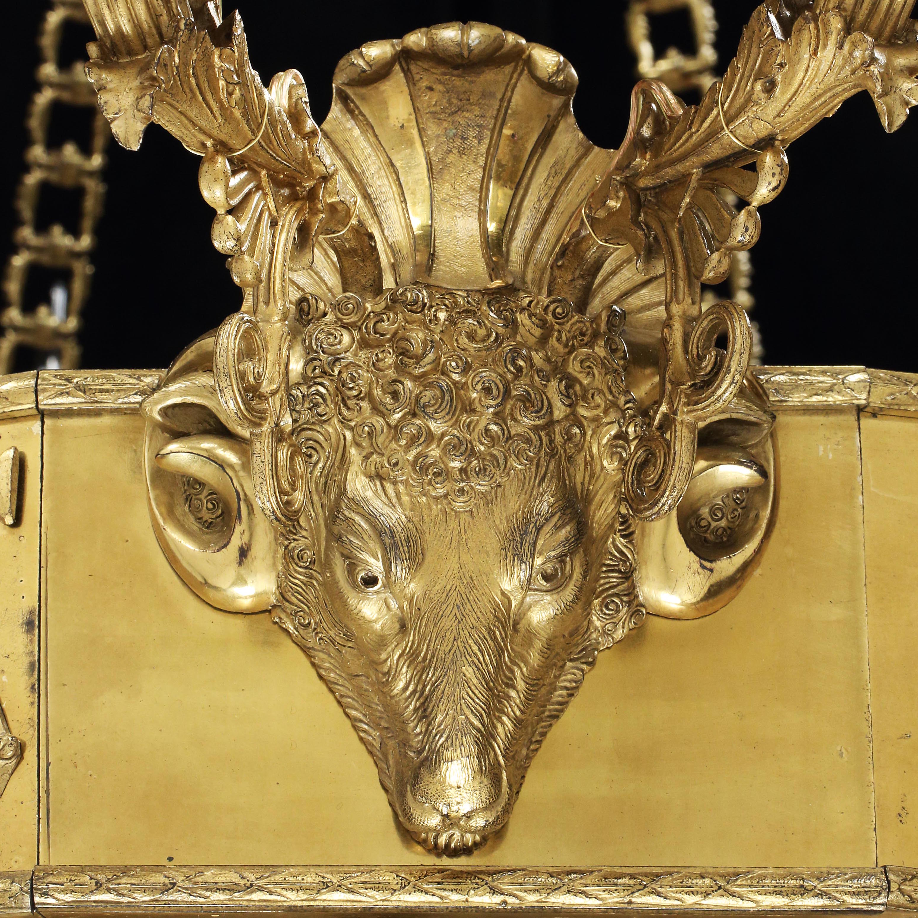 A Pair of Sixteen Light Ormolu Chandeliers in the Gothic Manner